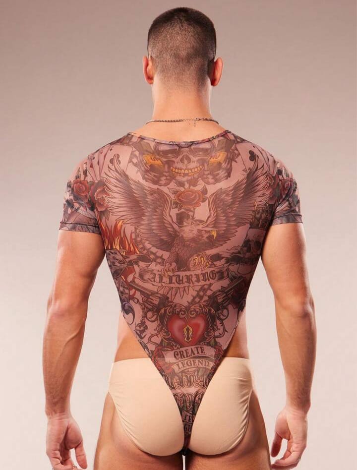 Men's Eagle Print Round Neck Short Sleeve High Cut Mesh Bodysuit